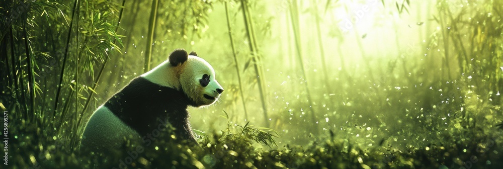 Poster panda portrait in a bamboo forest with sunlight filtering through lush greenery and room for text. g
