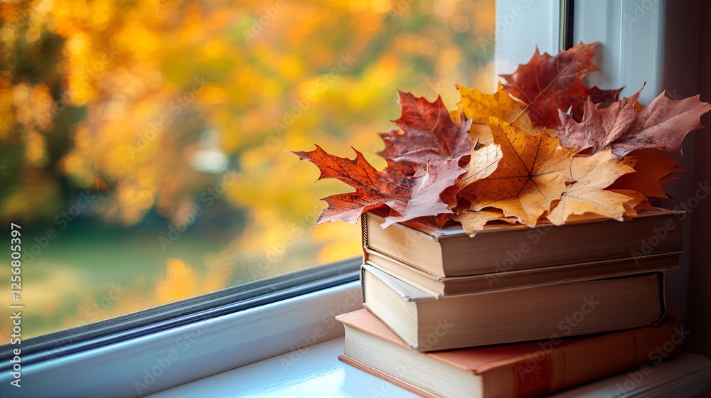 Poster stack of books with autumn leaves on windowsill overlooking fall colors