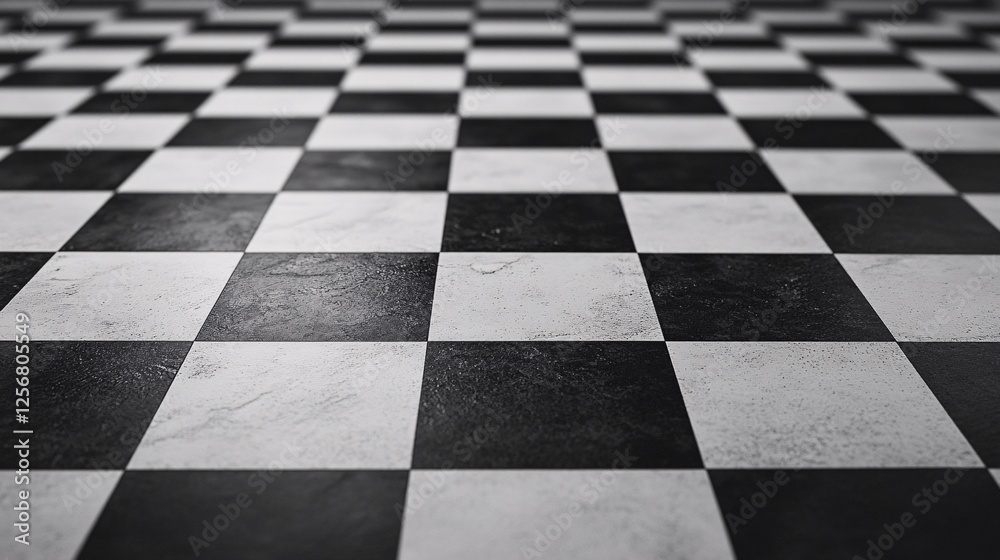 Poster black and white checkered floor tiles receding into distance