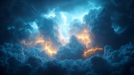 Obraz premium Dramatic Lightning Illuminating Dark Blue Sky Creating a Striking Contrast with Clouds Enhancing the Intensity of a Stormy Atmosphere Evoking Feelings of Power and Nature's Fury
