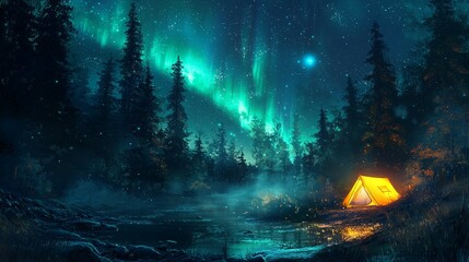 Obraz premium Enchanting Night Sky with Aurora Borealis over Forest Camp Site