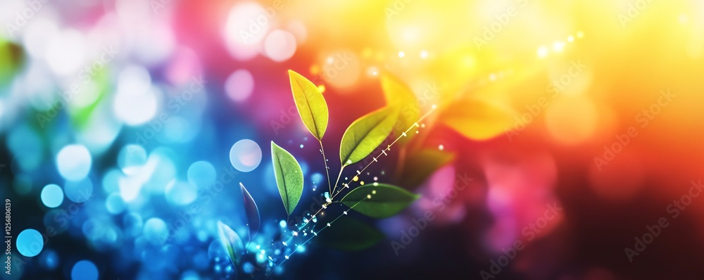 Aufkleber green leaves growing with abstract light particles connecting them