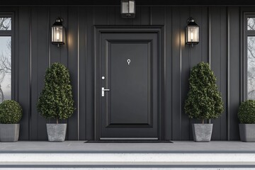 Elegant Modern House Facade with Black Door and Lanterns, Symmetrical Entrance, Minimalist Style, Sophisticated Building Exterior with Black Door and Decorative Lanterns, Contemporary Entryway