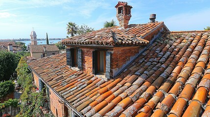 Venetian Rooftop View Showing Aged Tiles and Distant Seascape