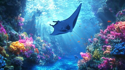 Majestic Manta Ray Gliding Over Vibrant Coral Reef Scene