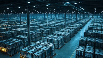 Obraz premium Vast Warehouse Interior with Rows of Stacked Storage Containers