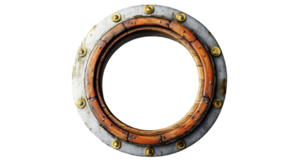 Round metal and wood porthole frame on transparent background