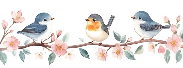 Fototapeta premium Cute Birds on Blossom Branch Illustration