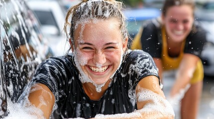 A community car wash fundraiser, with smiling volunteers cleaning cars to raise money for a cause