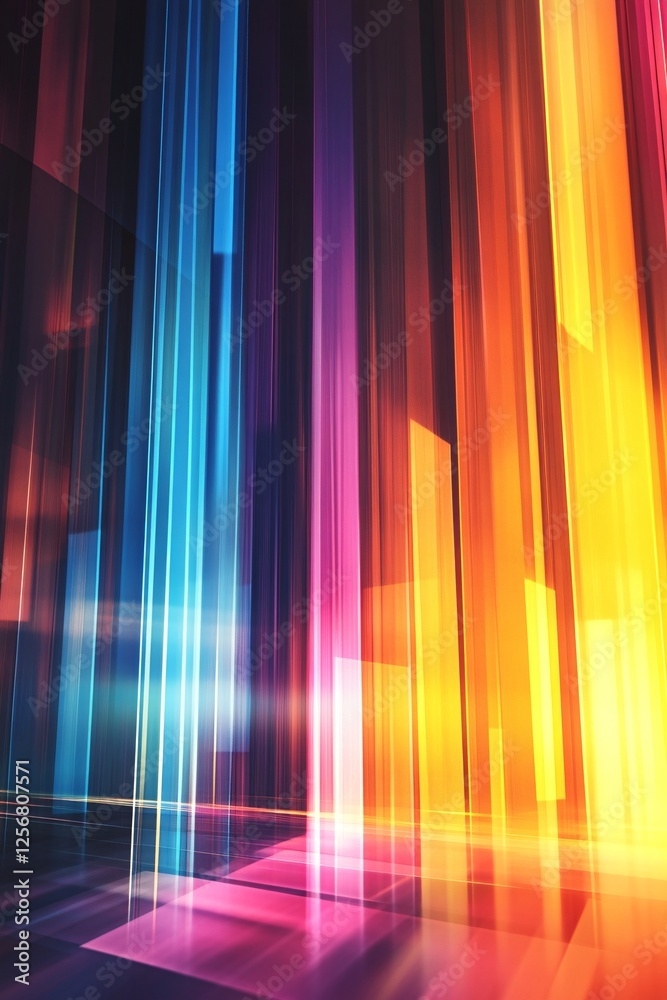 Poster abstract background forming colorful vertical light beams reflecting on surface