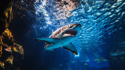 Fototapeta premium Majestic Shark Swimming Gracefully Through Clear Ocean Waters