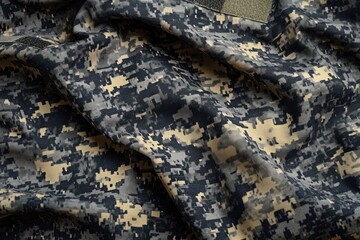 Fototapeta premium Detailed view of textured military camouflage fabric showcasing shades of gray and beige, ideal for textile design