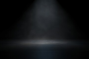 Dramatic Spotlight Illuminating Empty Stage in Dark Studio Space, Mysterious Beam of Light Lighting Empty Platform on Black Backdrop
