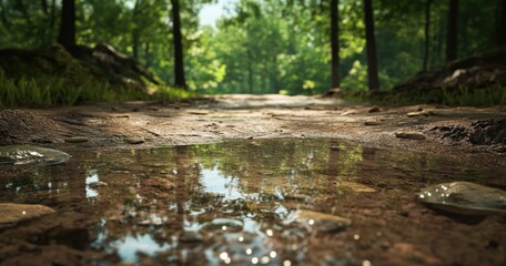 Forest Puddle Reflection: A Tranquil Forest Path