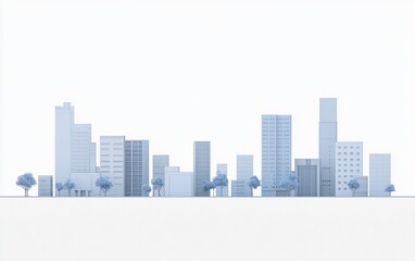 Serene Minimalist Cityscape with Trees: Architectural Design of Urban Buildings and Nature, Peaceful Urban Scene with Foliage: Tranquil Structure of City Buildings and Green Trees