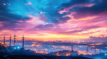 vibrant sunset over cityscape with power lines and wind turbines, showcasing sustainable energy