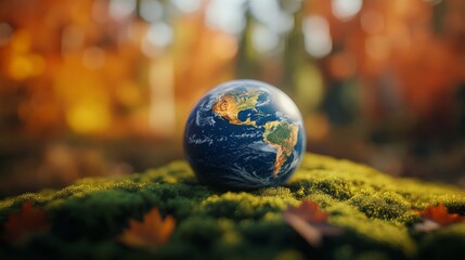  Earth on moss with bokeh background, environmental protection concept