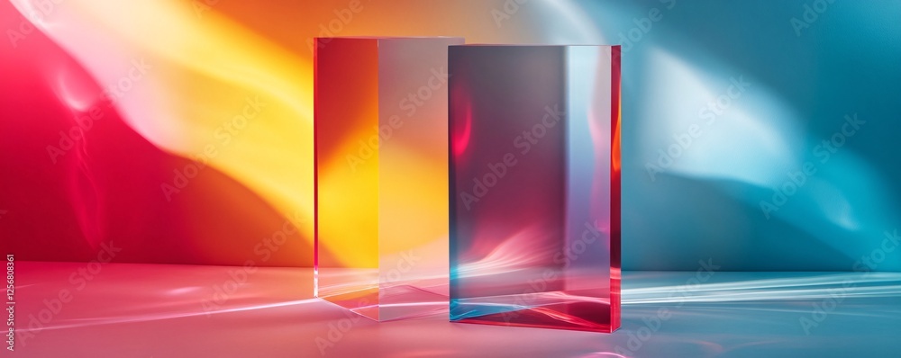 Poster two empty glass blocks standing on colorful background
