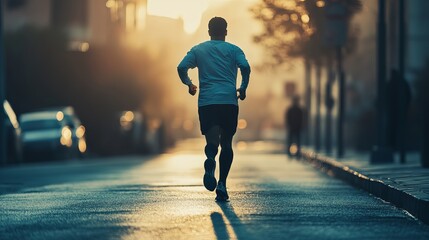 Determined man jogging on city street in morning light, active lifestyle fitness