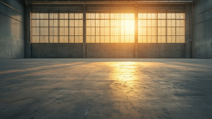 Fototapeta premium spacious industrial warehouse with large windows, sunlight streaming in, creating warm glow on concrete floor