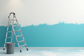 Ladder Leaning Against Half Painted Wall with Paint Bucket, Refreshing Decorating Project, Stepladder Painting Wall, House Renovation, Teal Interior, Home Improvement