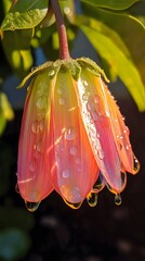 Macro illustration of a vibrant pink and orange tropical flower covered in fresh dewdrops with exotic fruits, shining under the soft sunlight and highlighting its delicate petals and natural beauty.