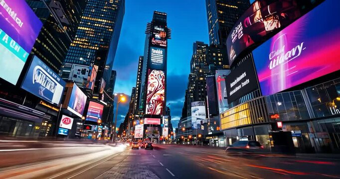 A bustling evening in Times Square, adorned with vibrant billboards glowing against the twilight sky, capturing the essence of New York City's lively urban atmosphere.