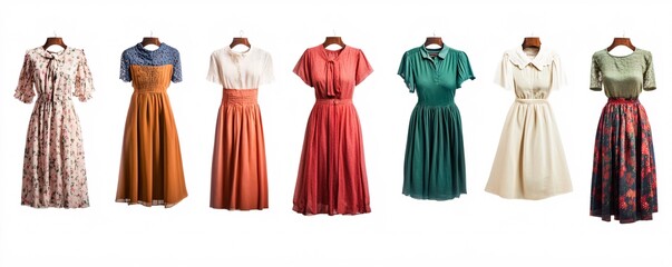 Seven colorful vintage dresses hanging on wooden hangers