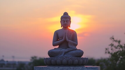 Fototapeta premium Buddha statue at sunset; serene meditation; tranquil scene; spiritual; inspirational; background