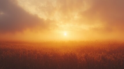 Fototapeta premium Serene Sunrise Over Misty Field in Golden Hue at Dawn