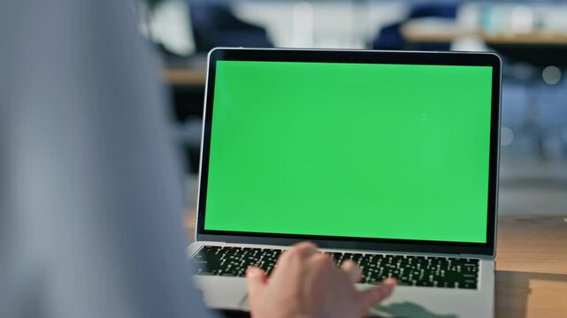 Startuper browsing mockup laptop at workplace closeup. Unrecognizable woman