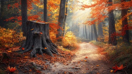 Fototapeta premium Autumn forest path, sunlight, tree stump, leaves, misty background; nature wallpaper