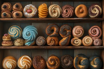 Fototapeta premium Delicious Baked Goods: Sweet Breads and Pastries Arranged on Wooden Shelves