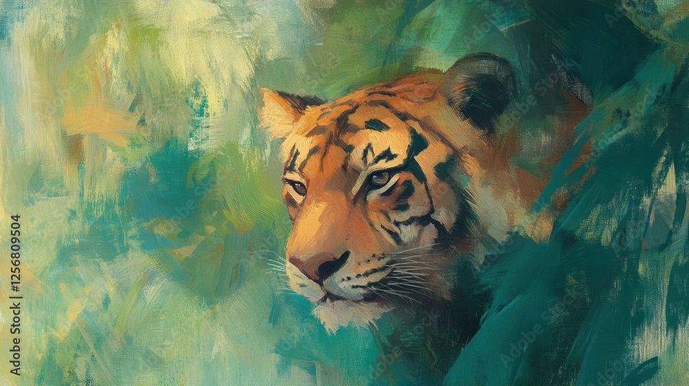 Leinwandbilder vibrant portrait of a tiger in a lush jungle with ample space for text. generative ai
