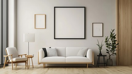 Modern living room with empty frames and white sofa