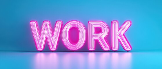 A vibrant neon sign spelling "WORK" against a blue background, symbolizing motivation and creativity in a modern workspace.