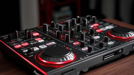 DJ mixer on wooden table, night studio background