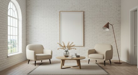 Minimalist living room, white brick walls, arched window, natural light, beige armchairs, wooden coffee table, potted plant, floor lamp, empty picture frame, neutral color palette, cozy interior, Scan