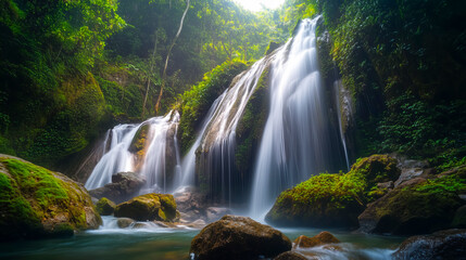 Lush green jungle embraces a stunning waterfall cascading over mossy rocks. A tropical paradise of serene beauty and flowing water.
