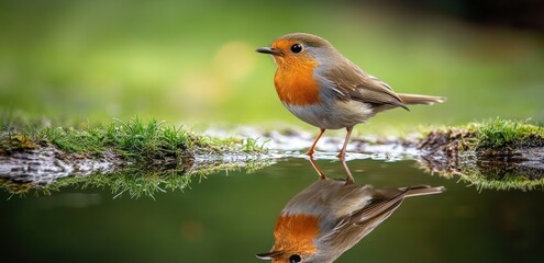 European Robin Reflection in a Tranquil Garden Pool