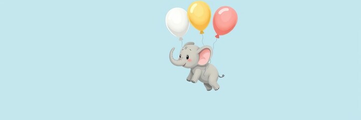 Obraz premium Cute light blue elephant floating with balloons newborn baptism invite illustration, cute, balloons, baptism