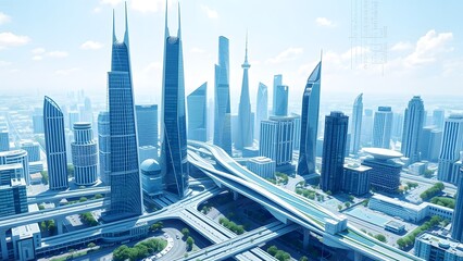 Obraz premium Digital blueprint of futuristic skyline. no text, logo, number, watermark, blurry, defocused