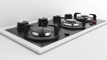 Modern gas hob with cast iron pan supports on a white countertop