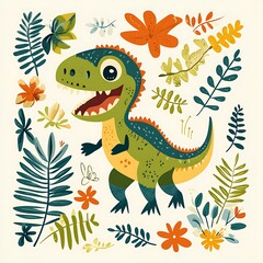 Cute cartoon dinosaur surrounded by flowers and leaves. Possible use Children's book illustration