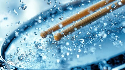 Drumming, water splashes, drum set, music performance background