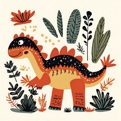 Cute dinosaur amid plants. Children's book illustration, poster, educational material design asset