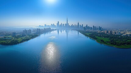 Naklejka premium Dubai Skyline reflected on tranquil lake, aerial view of city, parks, and water