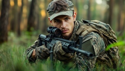 Obraz premium Camouflaged Soldier Aiming Rifle in Forest