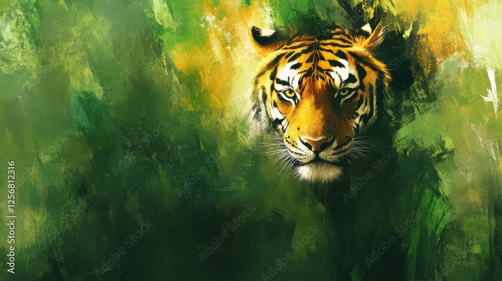 Leinwandbilder vibrant tiger portrait in a lush jungle setting with space for text. generative ai