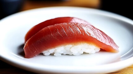 Freshly prepared sushi with vibrant tuna slices on a white plate, set in a cozy restaurant ambiance